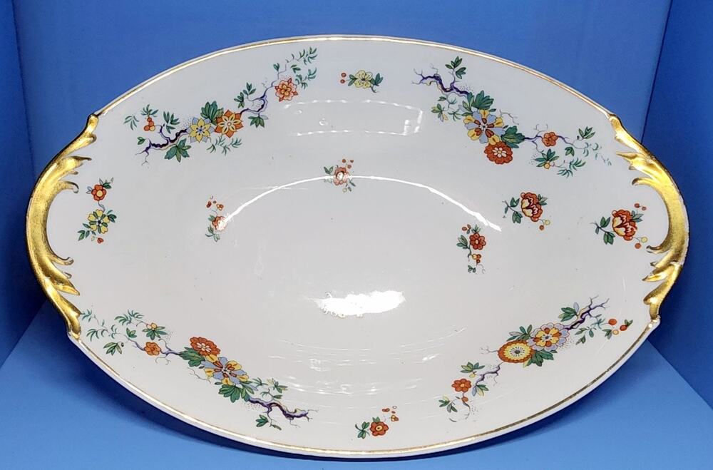 HAVILAND LIMOGES FRANCE Oval Serving Bowl Gold Trim Flower Multi Color See Pic
